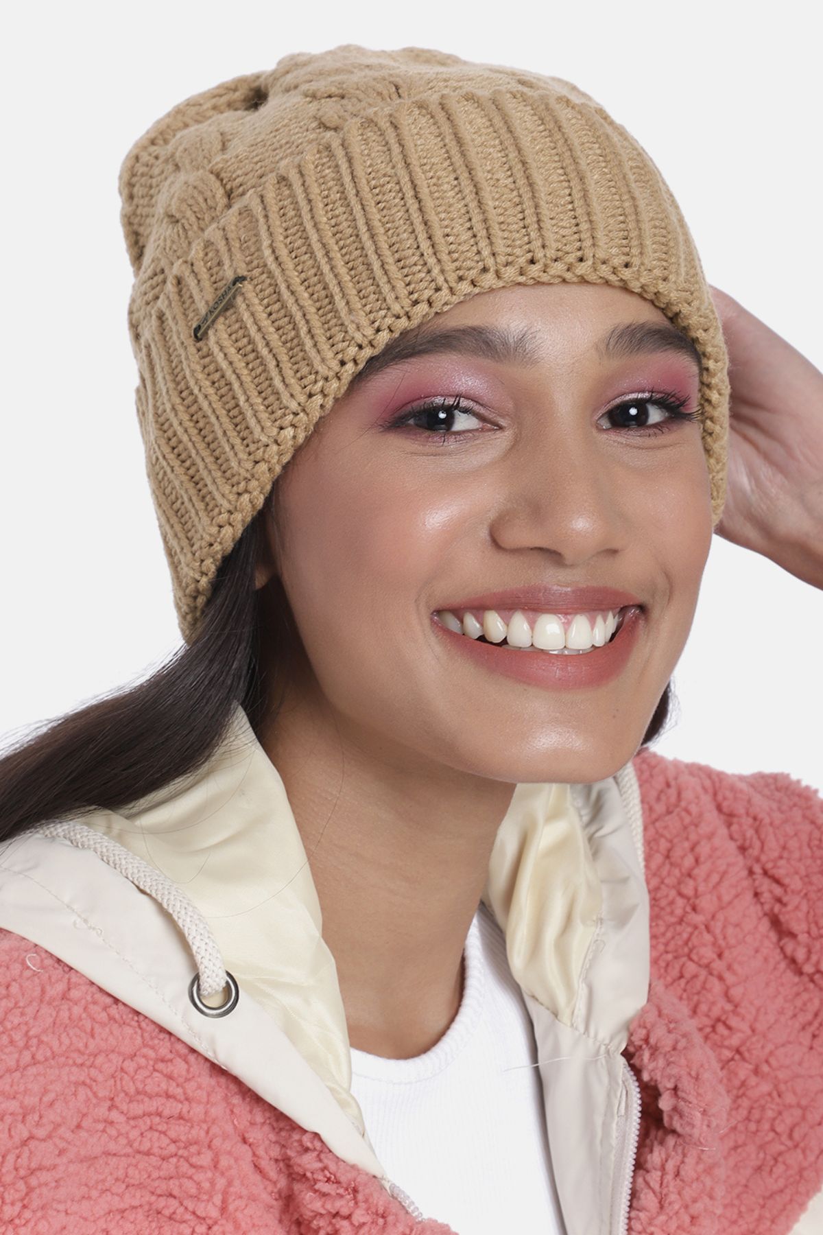 Coffee Acrylic Wool Cable Knit Winter Beanie | Women